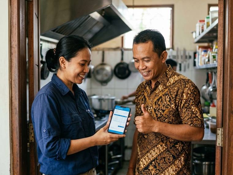Kontraktor menunjukkan penawaran PDF ke pemilik restoran