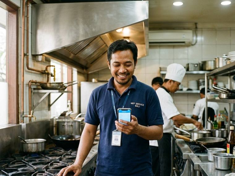 Teknisi MEP menyiapkan penawaran dari HP di dapur komersial